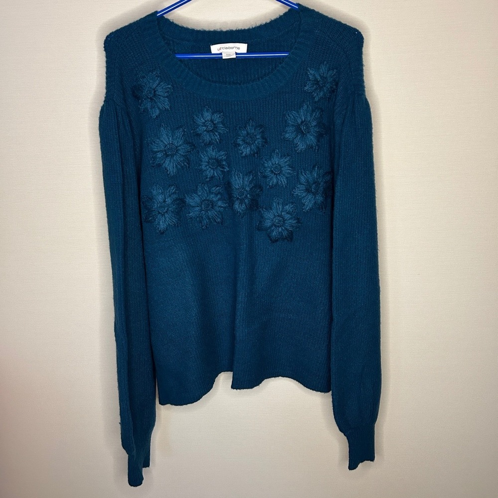 Liz Claiborne Tahoe Teal Floral Embroidered Sweater XXL NWT Fall Cozy Cottage